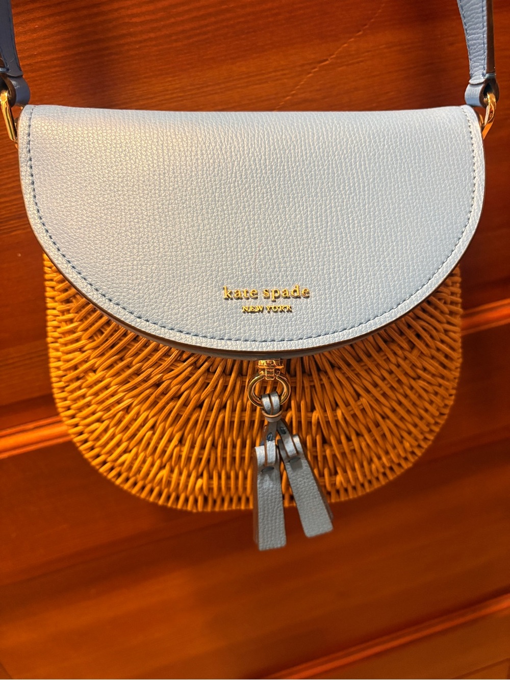 kate spade Light Blue Leather & Tan Wicker Crossbody